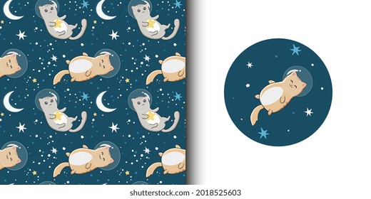 Seamless pattern and cartoon card for kid with cats astronauts on starry space background. Baby background for t-shirt print, packaging, wrapping paper, etc.