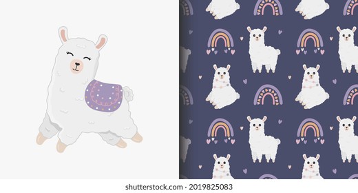 Seamless pattern and cartoon card for kid with cute llama  and rainbow. Baby background for t-shirt print, packaging, wrapping paper, etc. Vector alpaca background.