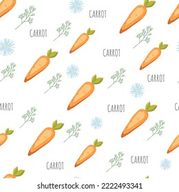 Seamless pattern with cartoon carrots and camomile flowers. Vegetables, healthy vegan food. Beautiful background, great for wrapping paper, banner, textile, wallpaper