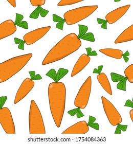 Seamless pattern of cartoon carrots on a white background. Vector illustration is suitable for textiles, Wallpaper, children's design, packaging, printing, etc.