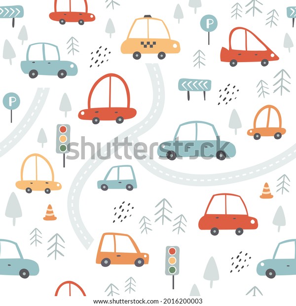 Seamless pattern with cartoon cars.\
Cute transport vector illustration Perfect for kids fabric,\
textile, nursery wallpaper. Hand drawn Scandinavian\
style.