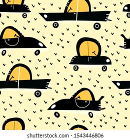 Seamless pattern with cartoon cars, decor elements. Vector flat style for kids. hand drawing. baby design for fabric, textile, print, wrapper