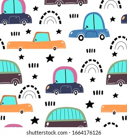 seamless pattern with cartoon cars, decor elements. colorful vector for kids, flat style. Baby design for fabric, textile, print, wrapper.