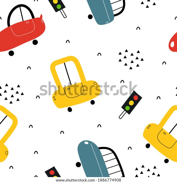 seamless pattern with cartoon cars,\
decor elements. Colorful vector flat style for kids. hand drawing.\
baby design for fabric, print, wrapper,\
textile