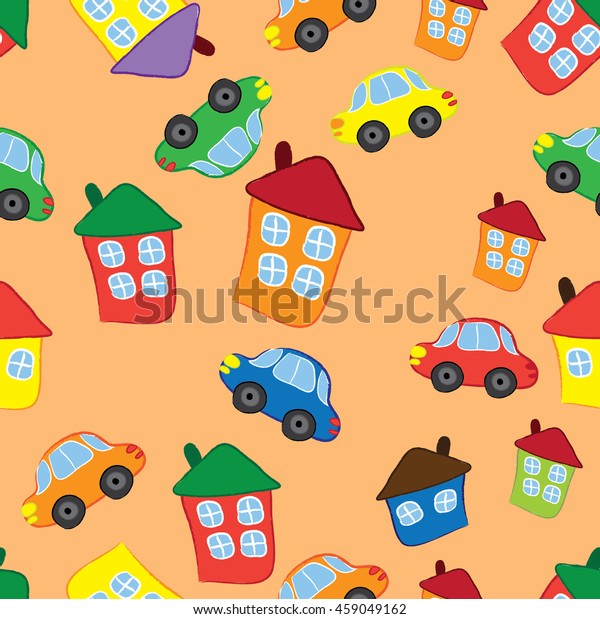 Seamless pattern cartoon\
cars and homes.