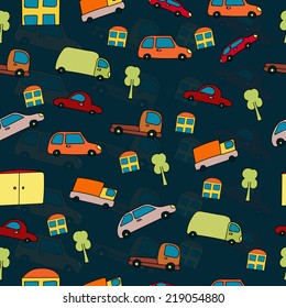 Seamless pattern cartoon cars, houses and trees on a dark blue background. Vector texture.