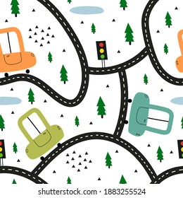 seamless pattern with cartoon cars, road, decor elements. Colorful vector flat style for kids. hand drawing. baby design for fabric, print, wrapper, textile