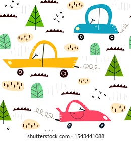 Seamless pattern with cartoon cars, trees, decor elements. Vector flat style for kids. hand drawing. baby design for fabric, textile, print, wrapper