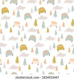 
Seamless pattern with cartoon cars, trees. Colorful vector for kids, flat style. hand drawing auto. Children's design for fabric, textile, print, wrapper.