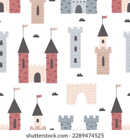 Seamless pattern with cartoon castle, decorative elements. Flat style colorful vector illustration for kids. hand drawing. baby design for fabric, textile, print, wrapper.