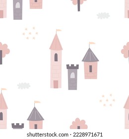 Seamless pattern with cartoon castle, tree, decorative elements. Flat style colorful vector illustration for kids. hand drawing. baby design for fabric, textile, print, wrapper.