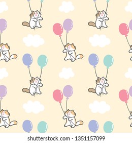Seamless Pattern of Cartoon Cat, Balloon and Cloud Design on Yellow Background