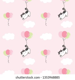 Seamless Pattern with Cartoon Cat, Balloon and Cloud Design on Pink Background