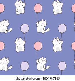 Seamless Pattern of Cartoon Cat with Balloon Design on Blue Violet Background