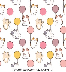 Seamless Pattern of Cartoon Cat with Balloon Design on White Background