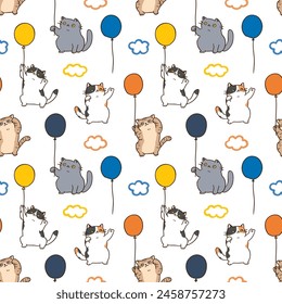 Seamless Pattern of Cartoon Cat and Balloon Design on White Background
