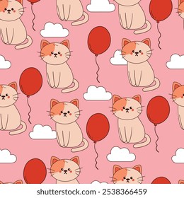 seamless pattern cartoon cat with balloon and white clouds. cute animal wallpaper for fabric print, gift wrap paper