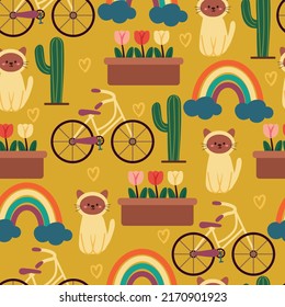 seamless pattern cartoon cat, bicycle, rainbow and plant. cute animal wallpaper