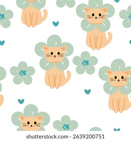 Seamless pattern cartoon cat, blue flower and spring vibes element. cute animal pattern for wallpaper, background and gift wrap paper