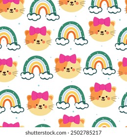 seamless pattern cartoon cat with boho rainbow. cute animal wallpaper for gift wrap paper