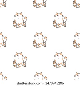 Seamless Pattern with Cartoon Cat in the Box Design on White Background