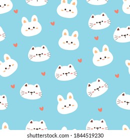 Seamless pattern with cartoon cat and bunny. for fabric print, textile, gift wrapping paper. colorful vector for kids, flat style