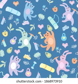 Seamless pattern with cartoon cat and bunny doing physical exercises. Healthy lifestyle concept