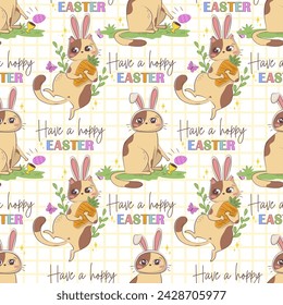 Seamless pattern with a cartoon cat with bunny ears and the pun inscription Have a hoppy easter isolated on a pastel background. Spring funny character