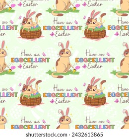 Seamless pattern with a cartoon cat with bunny ears and the pun  inscription Have an Eggcellent easter  isolated on a pastel background. Spring funny character