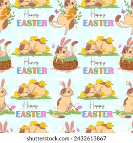 Seamless pattern with a cartoon cat with bunny ears and the inscription Happy Easter. Spring funny character