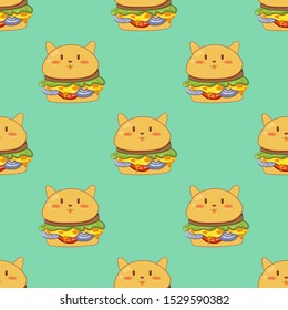 Seamless pattern with cartoon cat - burger. Print with food  