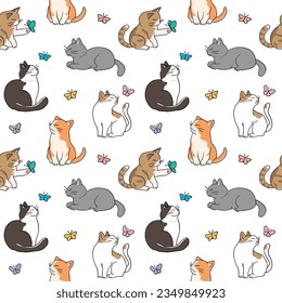 Seamless Pattern of Cartoon Cat and Butterfly Design on White Background