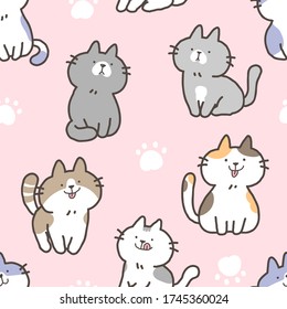 Patrón transparente de caricatura de gato y diseño de pata en fondo rosa claro