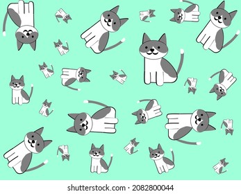 seamless pattern cartoon cat character on green background