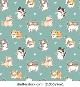 Seamless Pattern of Cartoon Cat Character Design on Green Background with Hearts