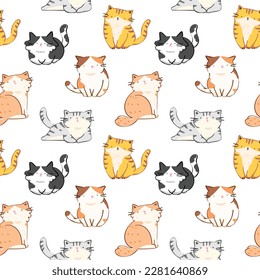 Seamless Pattern with Cartoon Cat Character Design on White Background