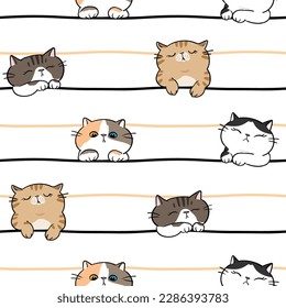 Seamless Pattern of Cartoon Cat Character with Line Design on White Background
