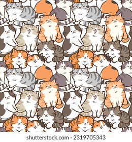 Seamless Pattern with Cartoon Cat Character Design on White Background