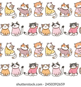 Seamless Pattern of Cartoon Cat Character Design on White Background