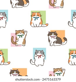 Seamless Pattern of Cartoon Cat Character and Pastel Square Design on White Background