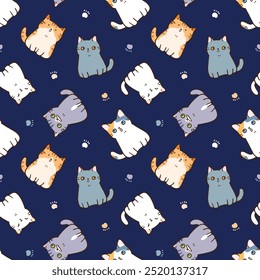 Seamless Pattern with Cartoon Cat Character and Paw Design on Dark Blue Background