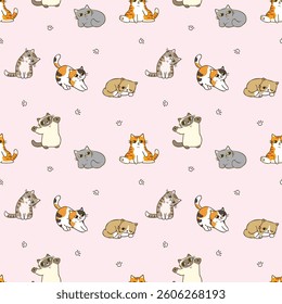 Seamless Pattern with Cartoon Cat Character and Paw Design on Light Pink Background. Hand Drawn Vector Illustration. Not AI Generated.