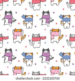 Seamless Pattern with Cartoon Cat Characters and Heart Design on White Background
