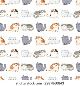 Seamless Pattern with Cartoon Cat Characters on White Background