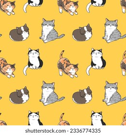Seamless Pattern of Cartoon Cat Characters on Yellow Background