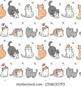 Patrón sin inconvenientes de personajes de gatos de dibujos animados sobre fondo blanco