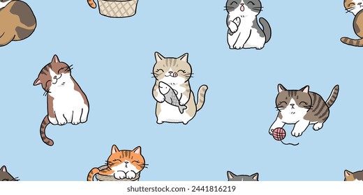 Seamless Pattern with Cartoon Cat Characters on Blue Background