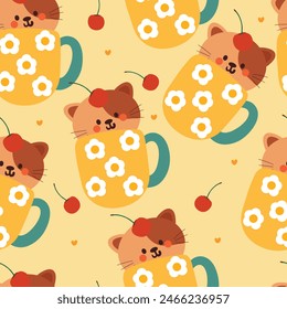 seamless pattern cartoon cat with cherry inside a cup. cute animal wallpaper for textile, gift wrap paper