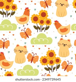 seamless pattern cartoon cat, chicken, butterfly with plant and flower. cute animal wallpaper for textile, gift wrap paper