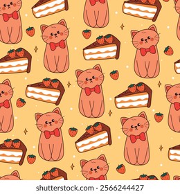 seamless pattern cartoon cat and chocolate cake. cute animal and dessert wallpaper for fabric print, gift wrap paper